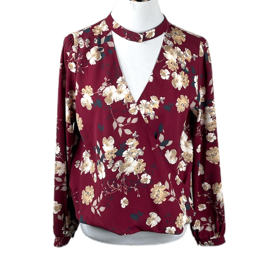 Lush Floral Plunge Neck Long Sleeve Blouse, Red, Medium